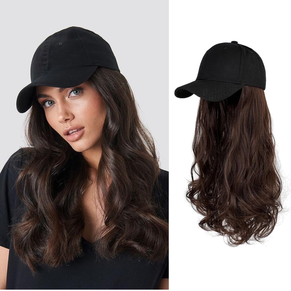 Hat Wig Extensions for Women 21 inch Long Wavy Synthetic Hair (Medium Brown)
